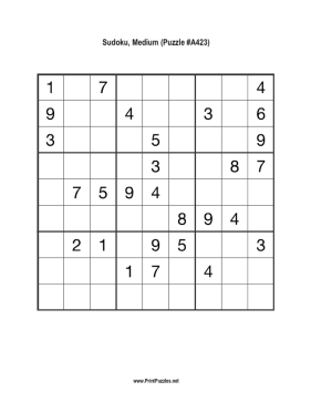 Sudoku - Medium A423 Printable Puzzle