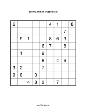 Sudoku - Medium A43 Printable Puzzle