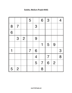 Sudoku - Medium A48 Printable Puzzle