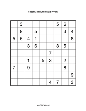 Sudoku - Medium A489 Printable Puzzle