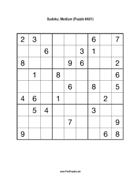 Sudoku - Medium A51 Printable Puzzle
