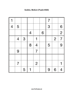 Sudoku - Medium A60 Printable Puzzle