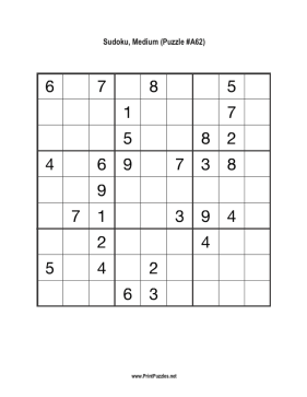 Sudoku - Medium A62 Printable Puzzle