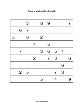 Sudoku - Medium A68 Printable Puzzle
