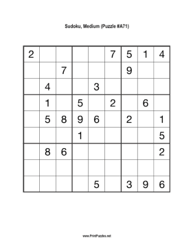 Sudoku - Medium A71 Printable Puzzle