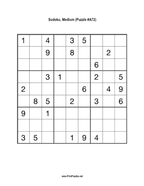 Sudoku - Medium A72 Printable Puzzle