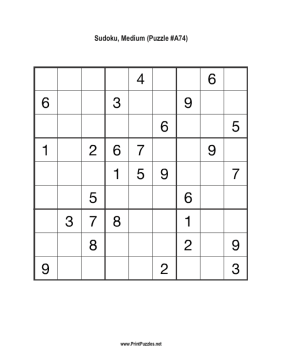 Sudoku - Medium A74 Printable Puzzle