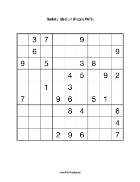 Sudoku - Medium A76 Printable Puzzle