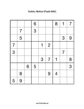 Sudoku - Medium A83 Printable Puzzle