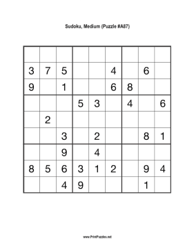 Sudoku - Medium A87 Printable Puzzle