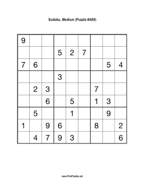 Sudoku - Medium A89 Printable Puzzle