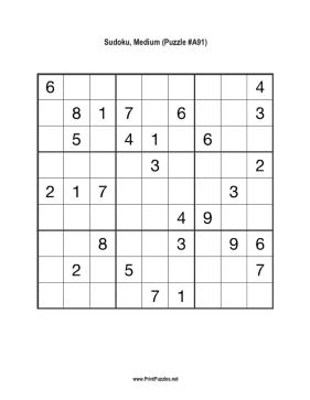 Sudoku - Medium A91 Printable Puzzle