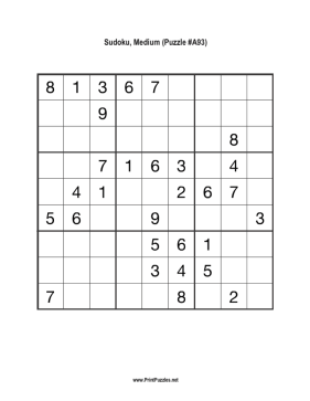 Sudoku - Medium A93 Printable Puzzle