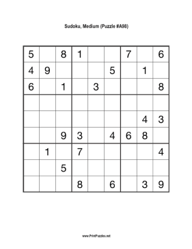 Sudoku - Medium A98 Printable Puzzle