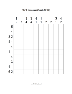Nonogram - 10x10 - A123 Printable Puzzle