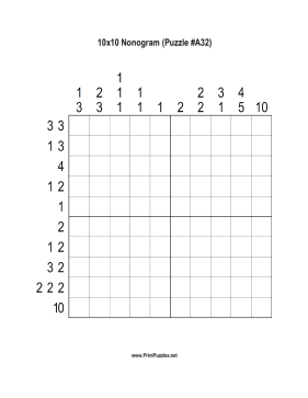 Nonogram - 10x10 - A32 Printable Puzzle