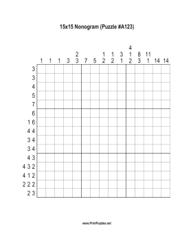Nonogram - 15x15 - A123 Printable Puzzle