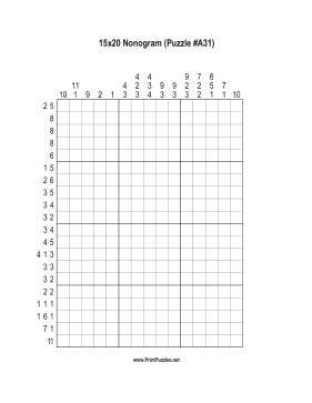 Nonogram - 15x20 - A31 Printable Puzzle