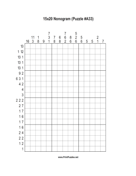 Nonogram - 15x20 - A33 Printable Puzzle