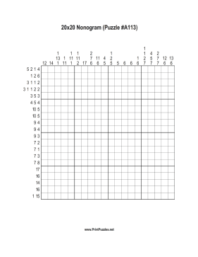 Nonogram - 20x20 - A113 Printable Puzzle
