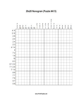 Nonogram - 20x20 - A13 Printable Puzzle