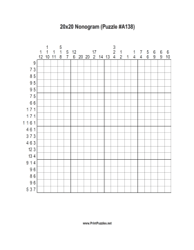 Nonogram - 20x20 - A138 Printable Puzzle