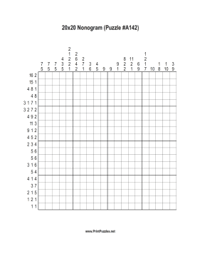 Nonogram - 20x20 - A142 Printable Puzzle