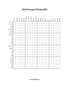 Nonogram - 20x20 - A23 Printable Puzzle