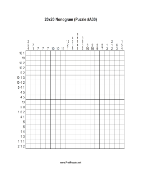 Nonogram - 20x20 - A30 Printable Puzzle