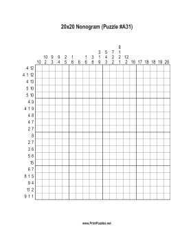 Nonogram - 20x20 - A31 Printable Puzzle