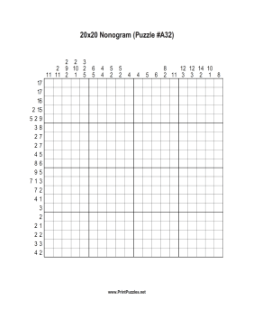 Nonogram - 20x20 - A32 Printable Puzzle