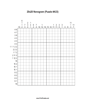 Nonogram - 20x20 - A33 Printable Puzzle