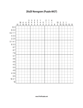 Nonogram - 20x20 - A37 Printable Puzzle
