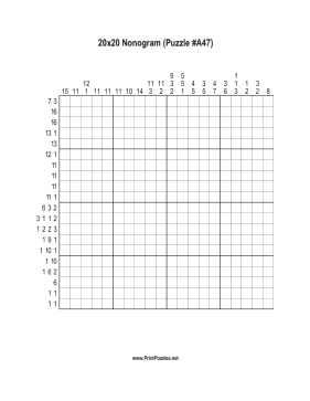 Nonogram - 20x20 - A47 Printable Puzzle