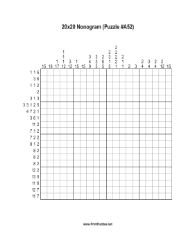 Nonogram - 20x20 - A52 Printable Puzzle