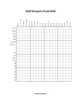 Nonogram - 20x20 - A58 Printable Puzzle