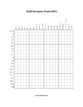 Nonogram - 20x20 - A61 Printable Puzzle