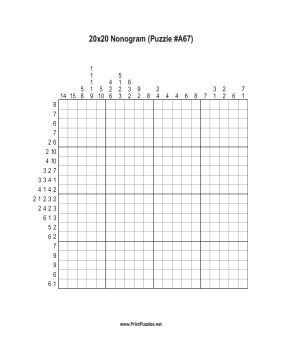 Nonogram - 20x20 - A67 Printable Puzzle