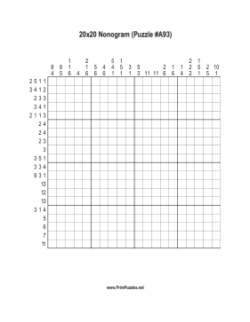 Nonogram - 20x20 - A93 Printable Puzzle