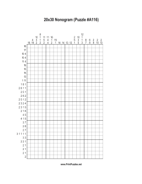 Nonogram - 20x30 - A116 Printable Puzzle