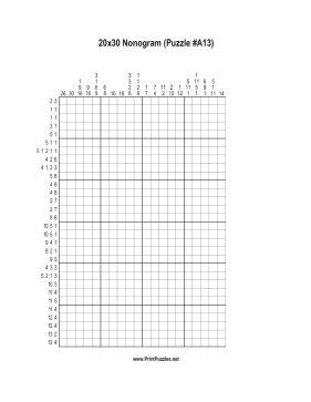 Nonogram - 20x30 - A13 Printable Puzzle