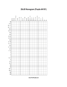 Nonogram - 20x30 - A181 Printable Puzzle
