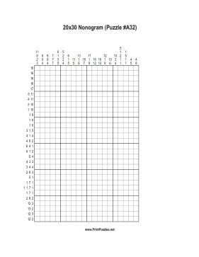 Nonogram - 20x30 - A32 Printable Puzzle
