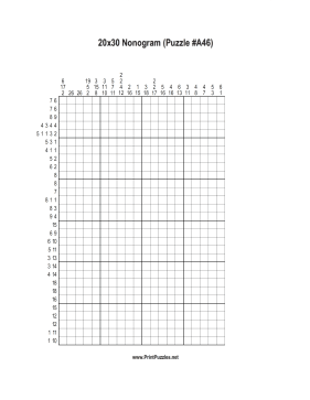 Nonogram - 20x30 - A46 Printable Puzzle