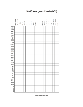 Nonogram - 20x30 - A52 Printable Puzzle