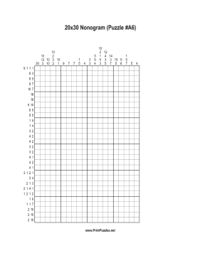Nonogram - 20x30 - A6 Printable Puzzle