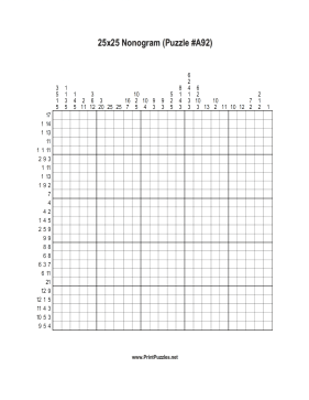 Nonogram - 25x25 - A92 Printable Puzzle